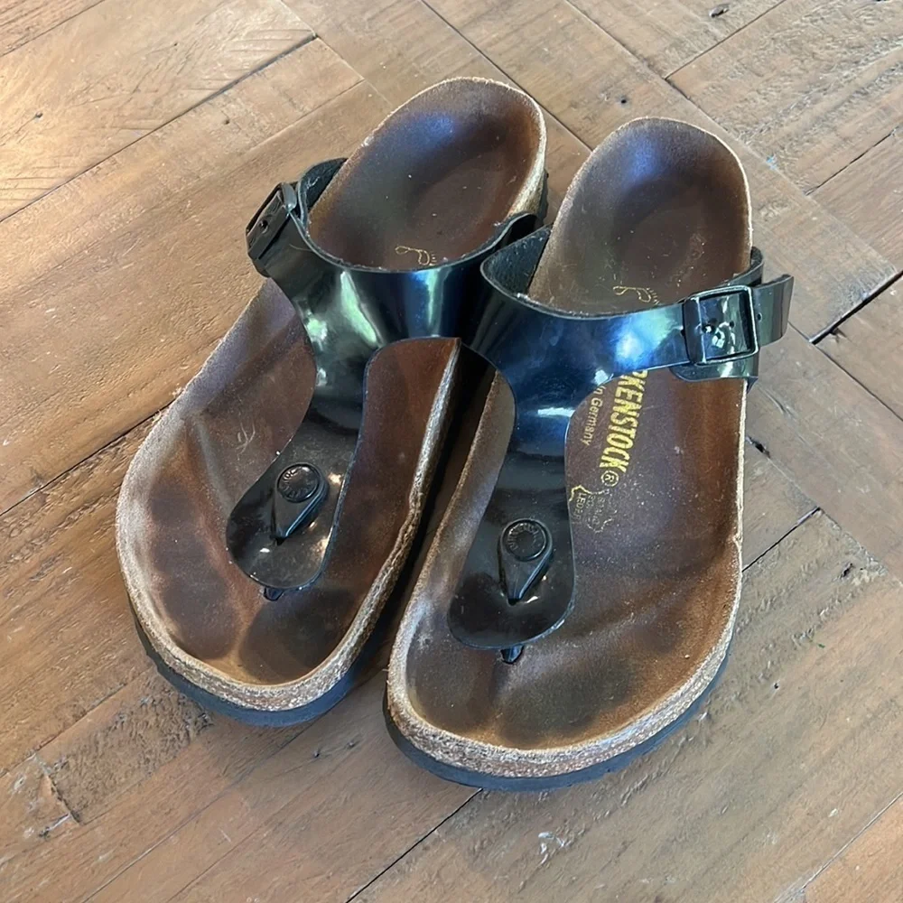 Birkenstock Gizeh Black Patent Leather Cork Sandals Thongs EU 38 US 7